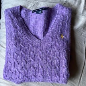 Polo Ralph Lauren 100% lamb wool purple V-neck knit sweater girl